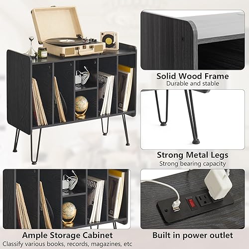 Miniatura 29 de Soporte grande para tocadiscos con almacenamiento de vinilo, mesa de tocadiscos retro marrón con alimentación y puerto USB, capacidad para hasta 200