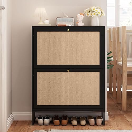 Vista 26 de Armario estrecho de almacenamiento de zapatos con 3 cajones abatibles, armario de madera para zapatos con cajón de puertas de lino, organizador