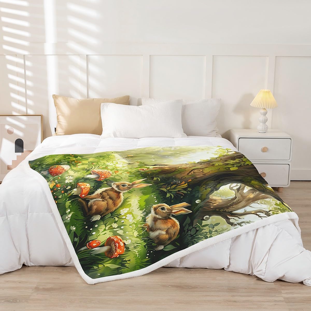 Castle Fairy Rabbit Throw Blanket,Red Mushroom Fleece Blanket for Kids Girls Boys Teens Room Decor,Wild Animals Plants Blankets,Cartoon Nature Garden Fuzzy Blanket,for Chair/Sofa,50"×60"