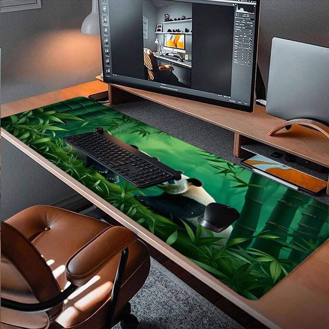 Podkładka pod mysz Panda pod biurko, podkładka pod mysz XXL 1200 x 600 x 3 mm, bambusowa podkładka pod mysz leśna antypoślizgowa wodoodporna podkładka pod mysz, podkładka pod mysz z przeszytymi