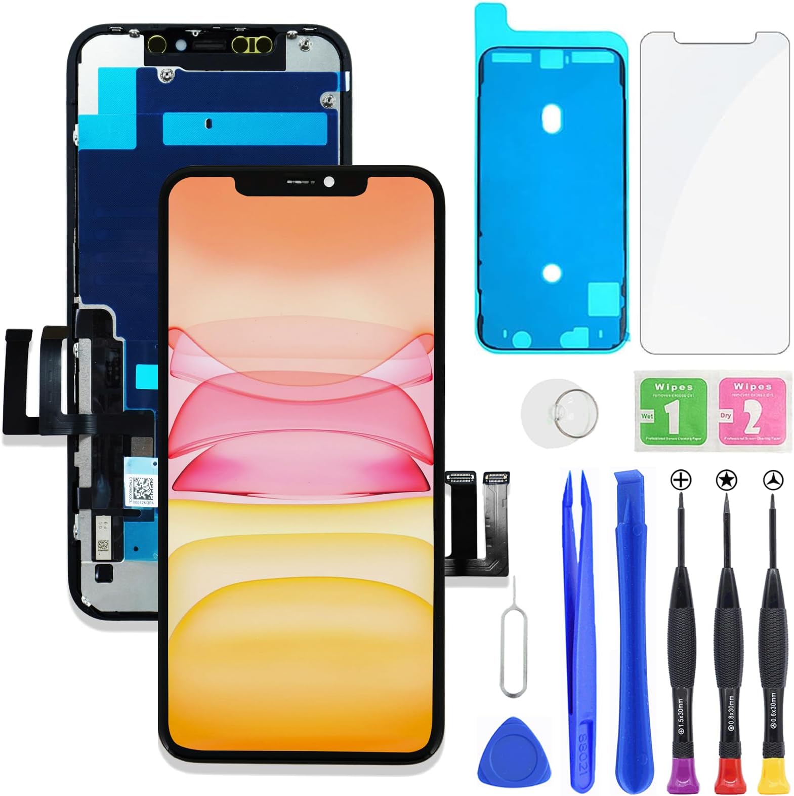 for iPhone 11 LCD Display FHD Screen Replacement 3D Touch Digitizer Frame Full Assembly with Repair Tools Kit for 6.1 inch A2111, A2223, A2221+Waterproof Adhesive+Screen Protector