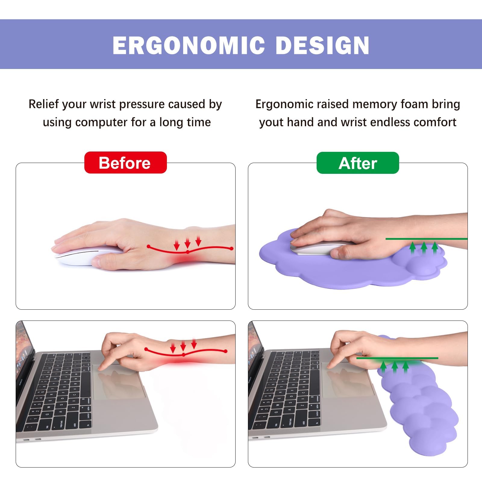 Cloud Keyboard poggiapolsi e tappetino per mouse con supporto per il polso, tappetino per mouse ergonomico in pelle PU, sollievo dal dolore, in memory foam, antiscivolo, per computer, laptop