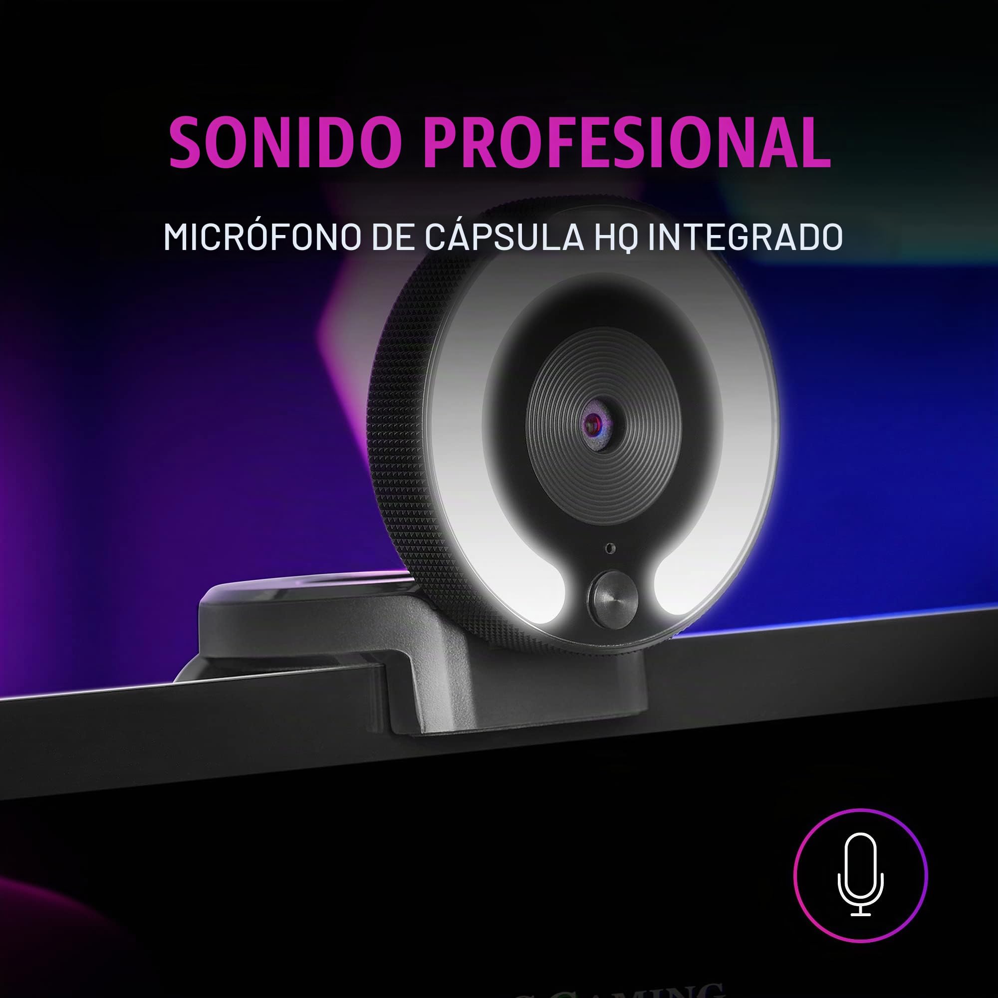 Mars Gaming MWPRO Negro, Webcam Full HD, Óptica 90º, Anillo Iluminación, Micrófono HQ