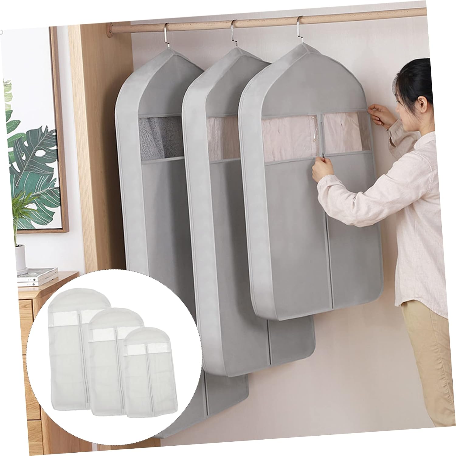 3pcs Garment Supplies Clothes Storage Bag Home Hanging Garment Bag Protective Cover for Wardrobe Gray