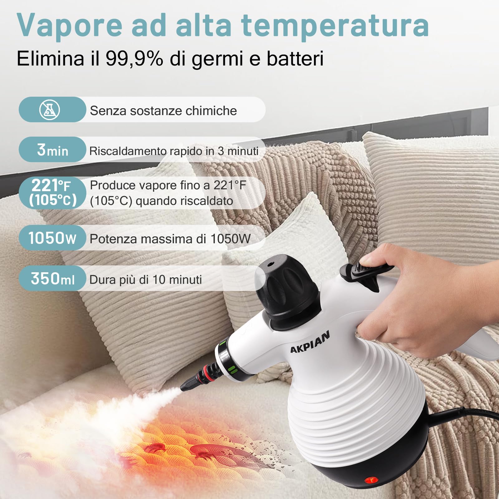 Pulitore a vapore manuale 1050 W, set di accessori da 10 pezzi, pulitore a vapore multifunzionale, per la pulizia di fughe, finestre, piani cottura, bagni e automobili
