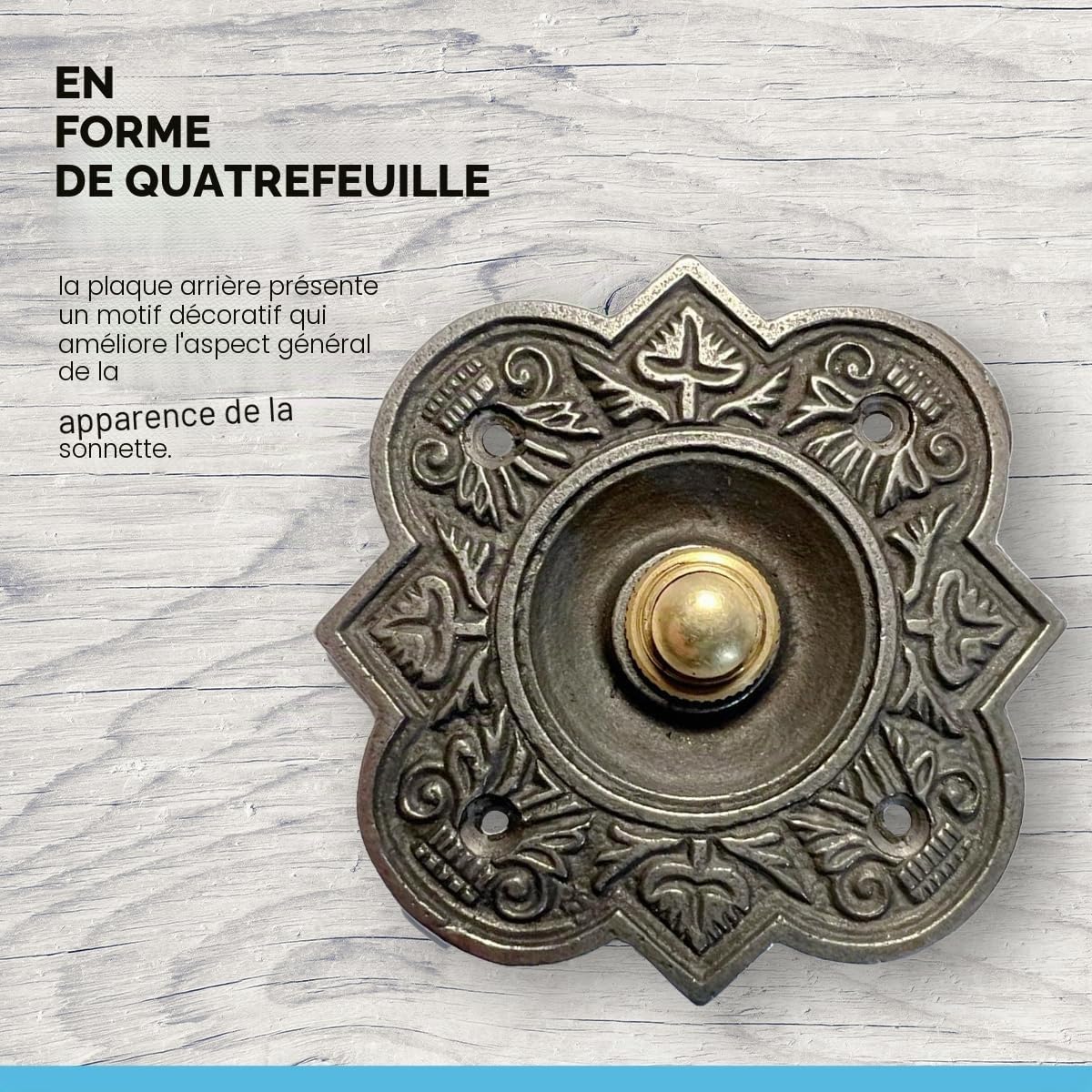 Bouton poussoir de sonnette en fonte de forme traditionnelle à quatre feuilles | 10 cm x 10 cm | Bouton poussoir en laiton avec entourage en fonte | Sonnette de porte style vintage