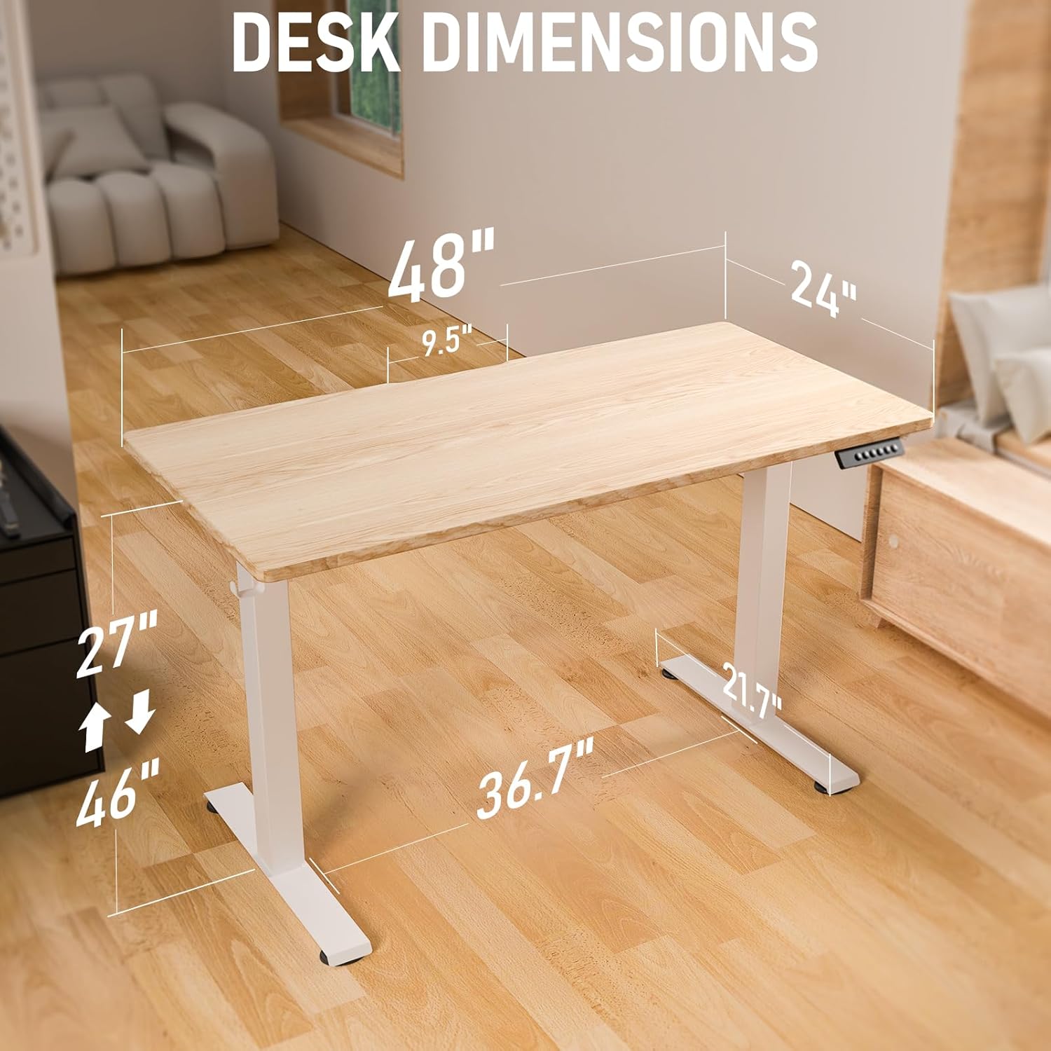 Diagram showing the dimensions of the ExaDesk S04X Electric Standing Desk: 48 inches wide, 24 inches deep, and adjustable height from 27 to 46 inches.