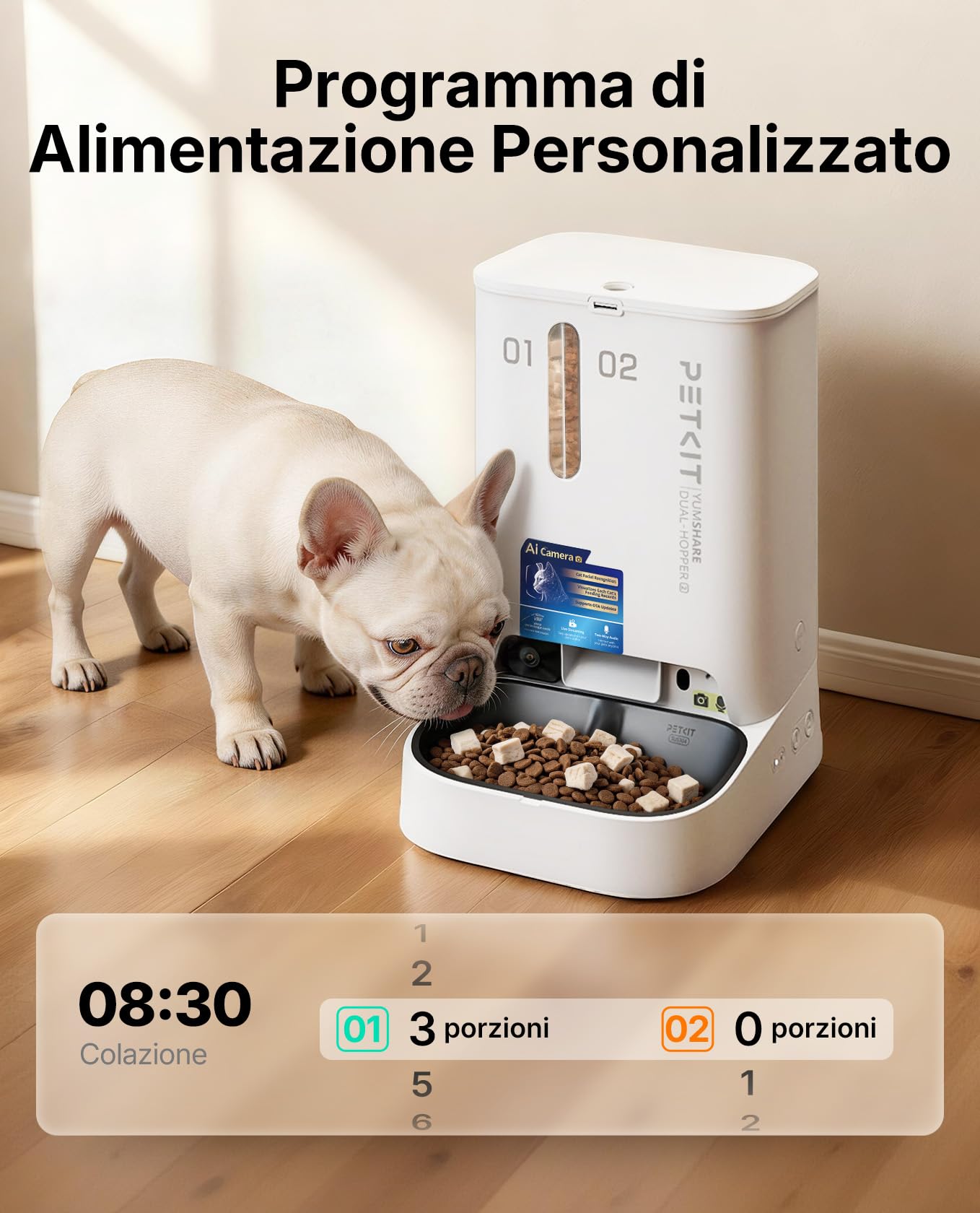 PETKIT YumShare Dual-Hopper 2, Distributore Automatico di Cibo per Gatti e Cani con Telecamera HD 1080p, Riconoscimento Multiplo Gatti, Funzioni AI, Capacità 5L, Wi-Fi 2.4 GHz e 5 GHz