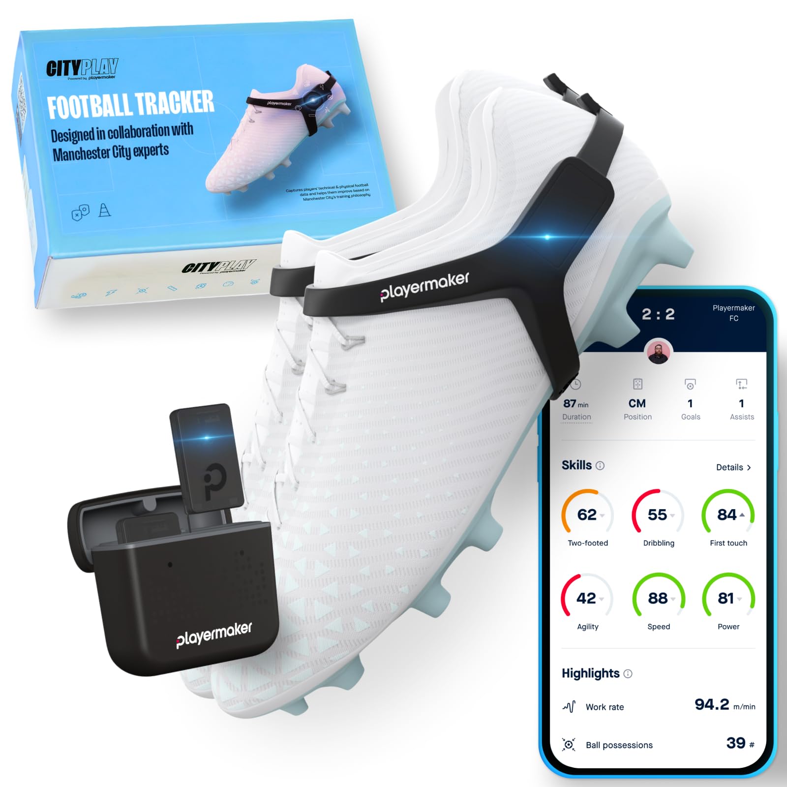 CITYPLAY Rastreador de fútbol Inteligente para Botas, Mejora tu Juego y controla más de 25 métricas físicas y técnicas, con suscripción Anual a la aplicación CITYPLAY para un Acceso Completo