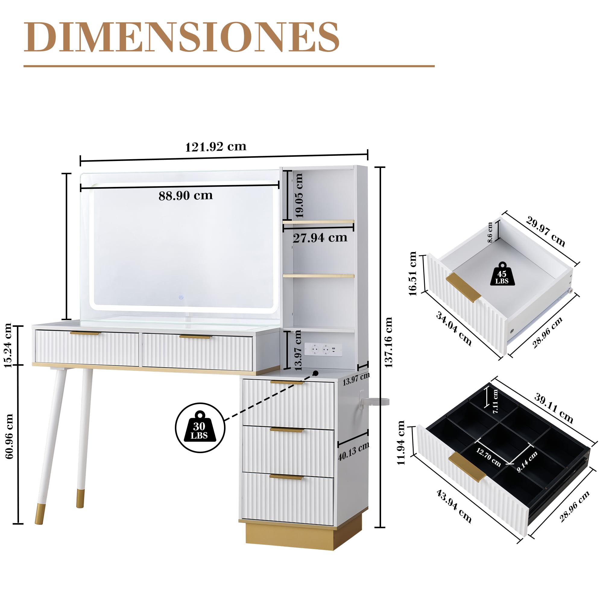 LUXOAK Großer Schminktisch mit LED-Spiegel und USB-Anschluss, 5 Schubladen, Glasplatte, Breites Design 122×40×137 cm, Stabil & Pflegeleicht, Ideal für Schlafzimmer