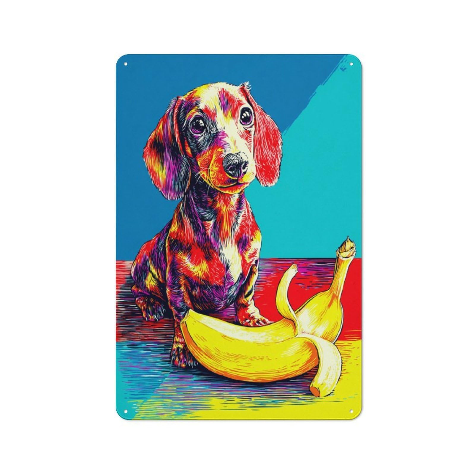 Junmoney Colorful Dachshund With Banana -2 Metal Wall Sign 30X20cm Featuring For Garage Or Workshop, For Vintage Wall Decor Fans, For Metal Sign Collectors