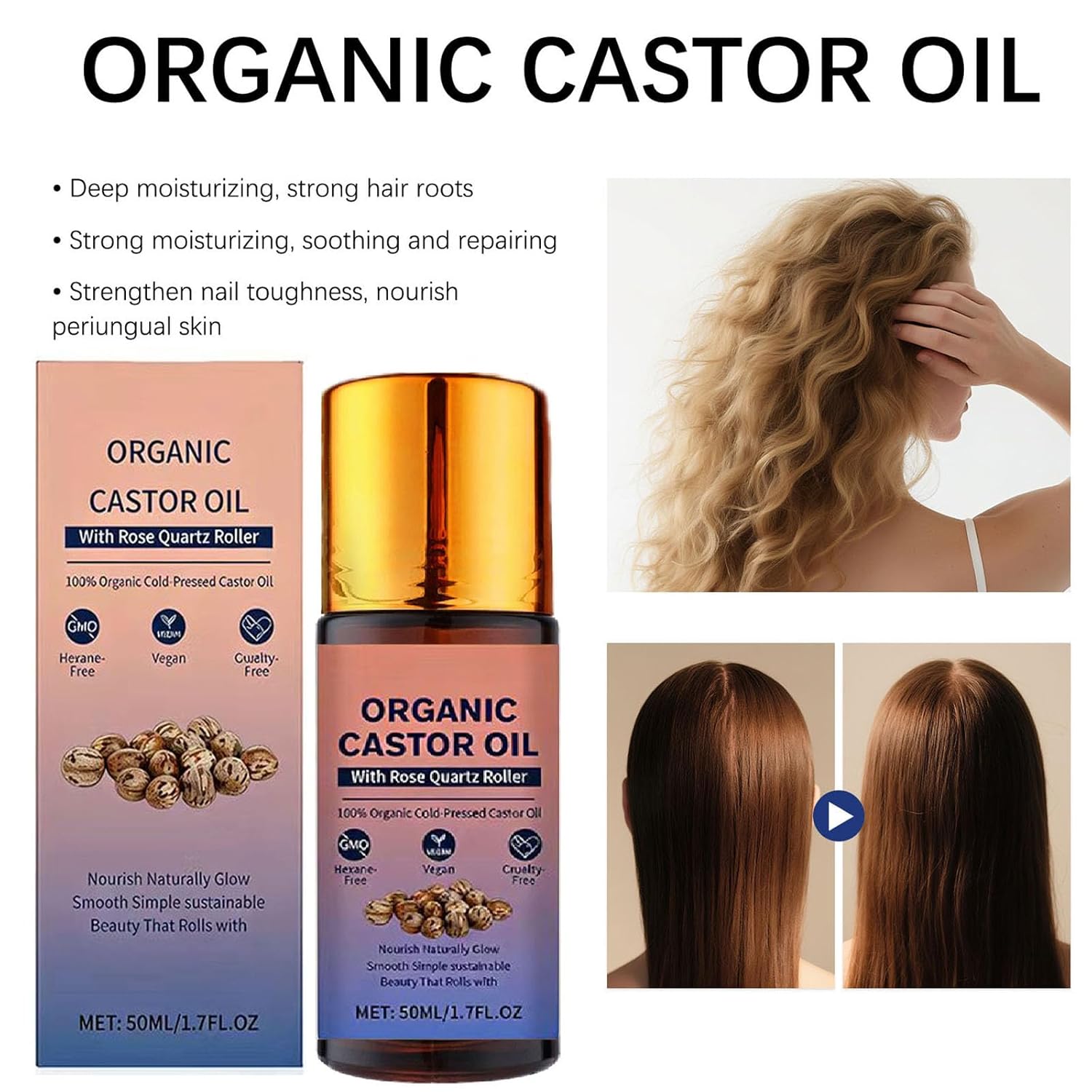 Organic Castor Oil Roll On with Rose Quartz Roller, 100% Castor Oil Organic Cold Pressed, Hexane-Free, for Face and Body, Hair, Eyebrows, Moisturize Skin -1pcs