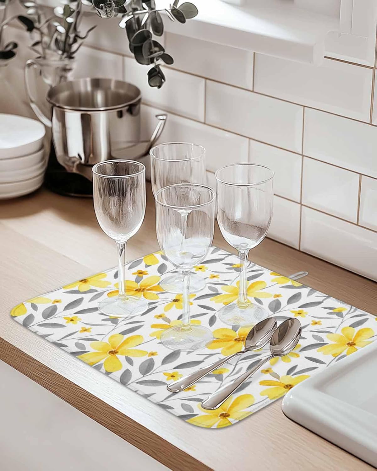 Country Yellow Flowers Dish Drying Mat for Kitchen Counter Rustic Grey Plant Leaves Dasiy Floral Super Absorbent Microfiber Coffee Bar Mat Washable Dish Drainer Rack Mat, 2 Pack, 18" x 24"
