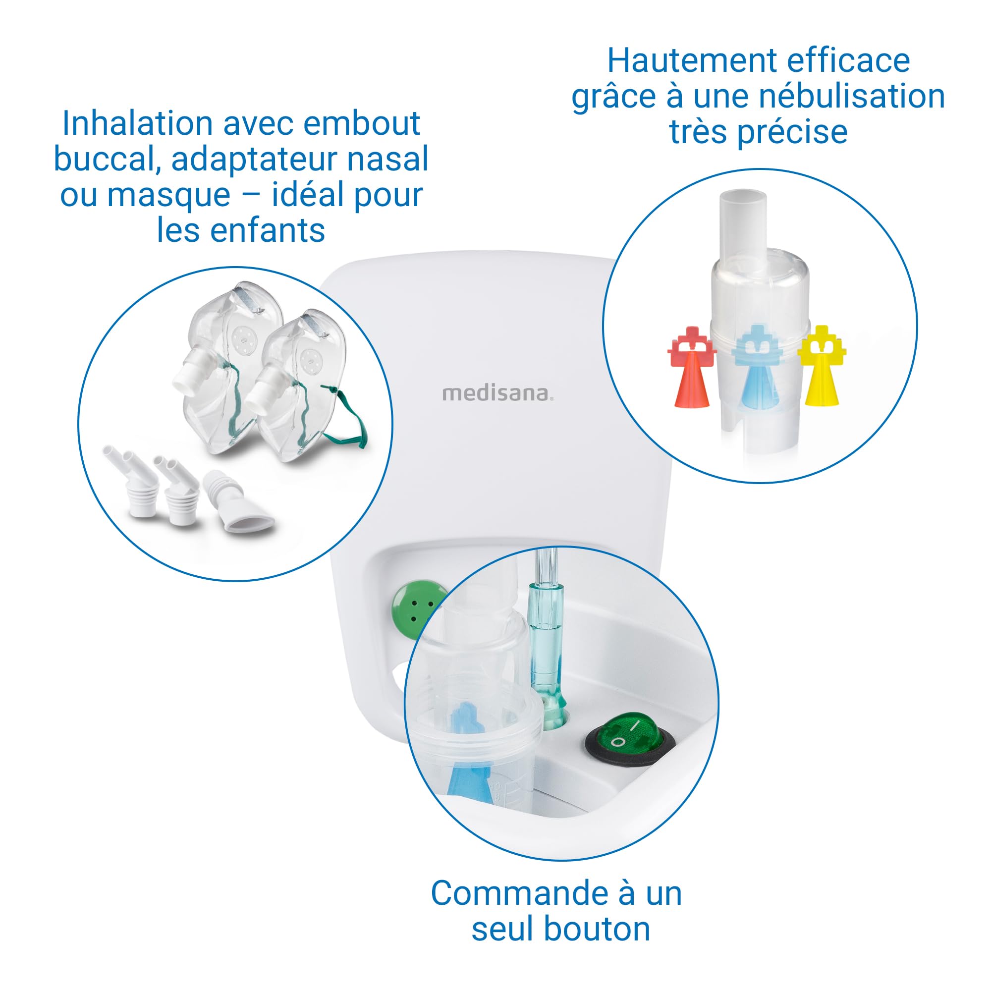 Medisana IN 500 inhalateur, nébuliseur à compresseur avec embout buccal et masque pour adultes et enfants, pour le rhume ou l'asthme avec accessoires supplémentaires et tube long