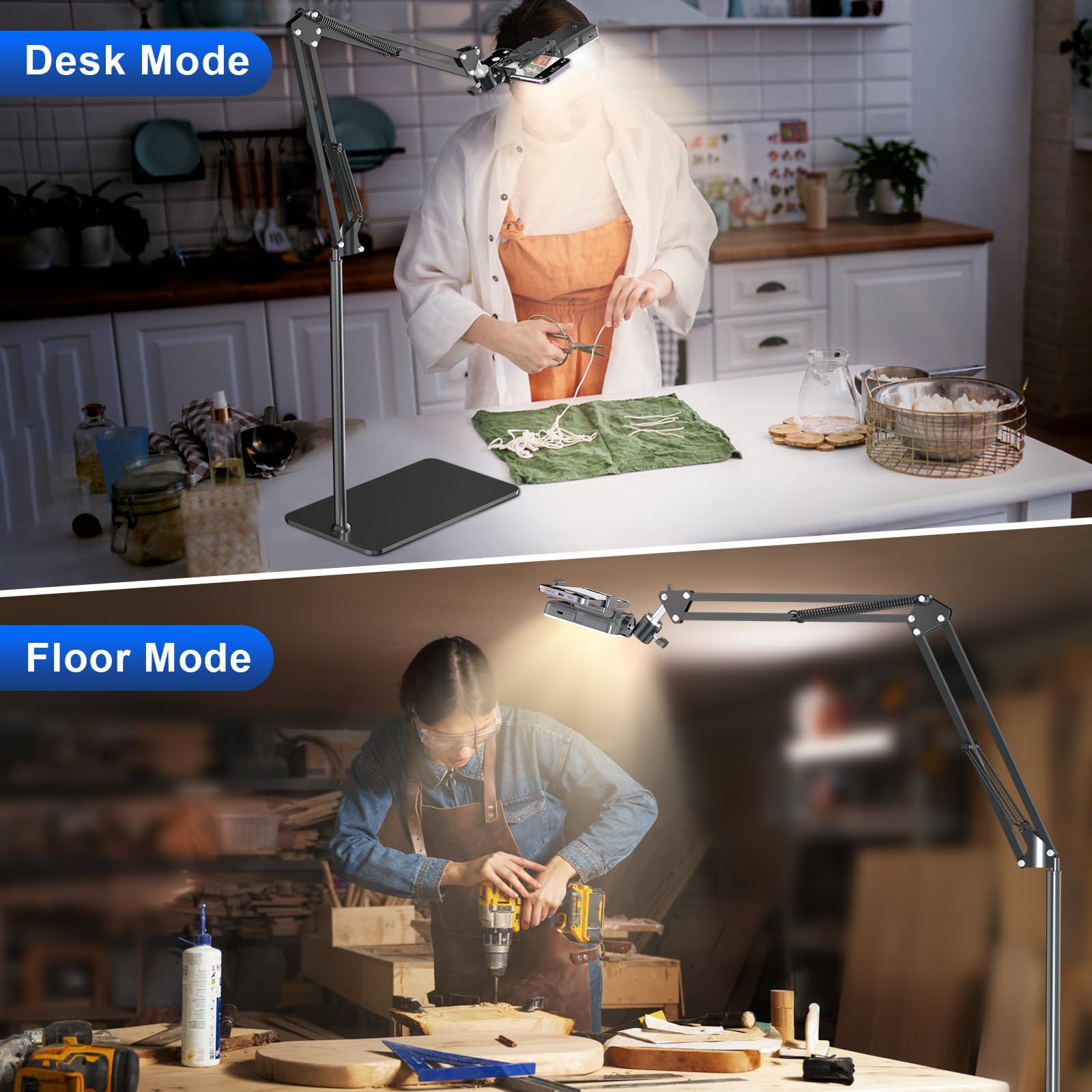 Overhead telefoon statief voor koken video's met oplaadbaar licht, verplaatsen rond vloer telefoon standaard met ringlicht inhoud maker video-opname selfie fotografie TikTok Youtube compatibel met