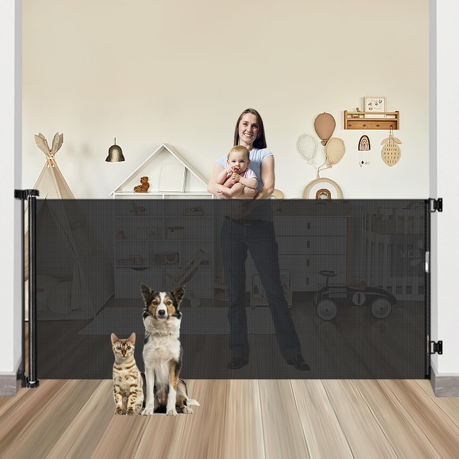 42" Tall X 80" Wide Retractable Baby Gates for Large Openings Extra Tall Dog Gates for Doorway Tall Retractable Pet Gate Tall Mesh Gates for Kids Long Dog Gate for Indoor/Outdoor (Black)