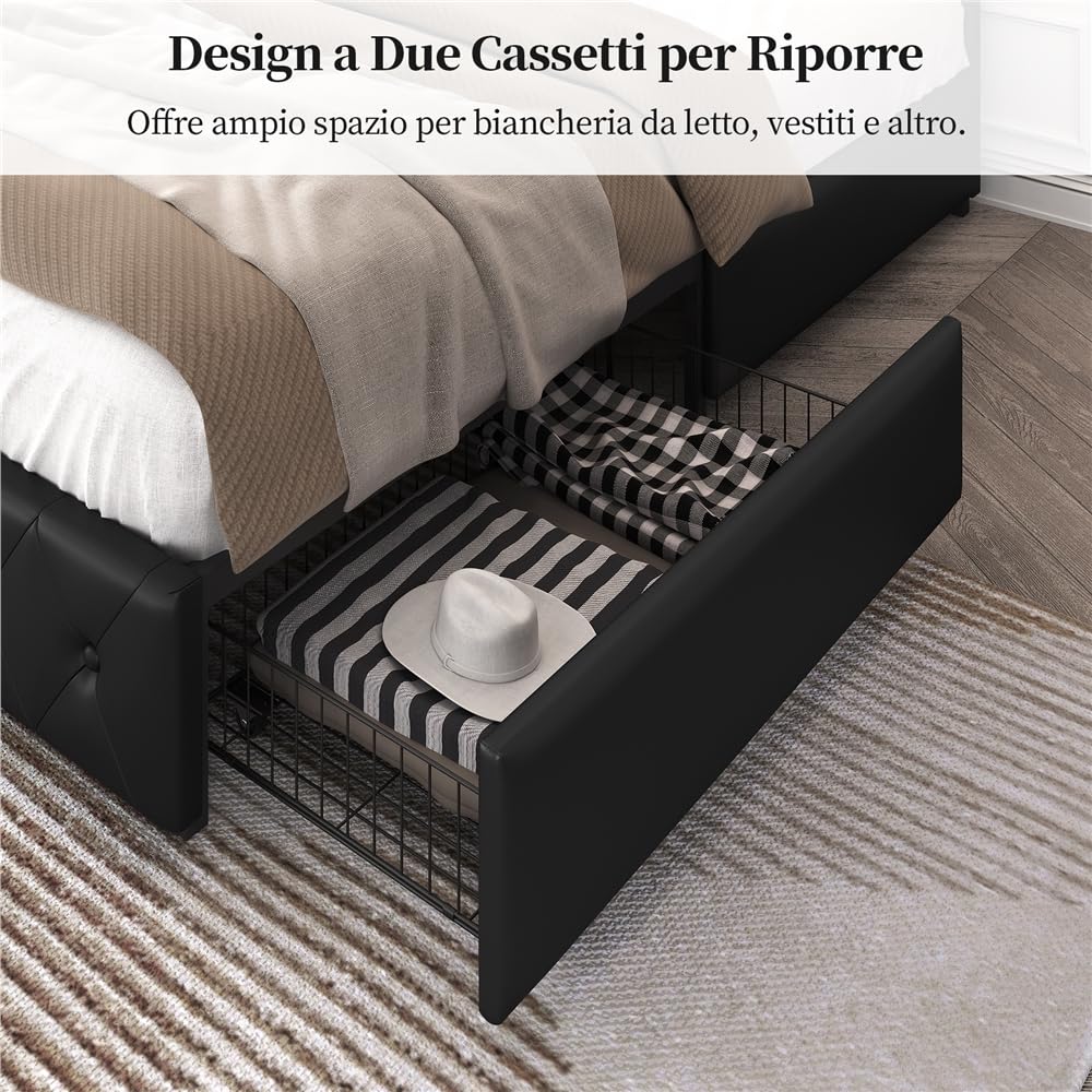 Yaheetech Letto Imbottito Matrimoniale 160 x 200 cm con 2 Cassetti Letto Contenitore con Supporti a Doghe in Legno Testiera Regolabile in Altezza con Rivetti a Punto di Tensione Nero