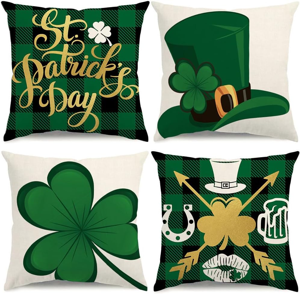 St Patricks Day Pillow Covers 18x18 Buffalo Plaid St Patricks Day Decorations Lucky Clover Hat Throw Pillow Covers Shamrock Cushion Case for Sofa Couch Set of 4