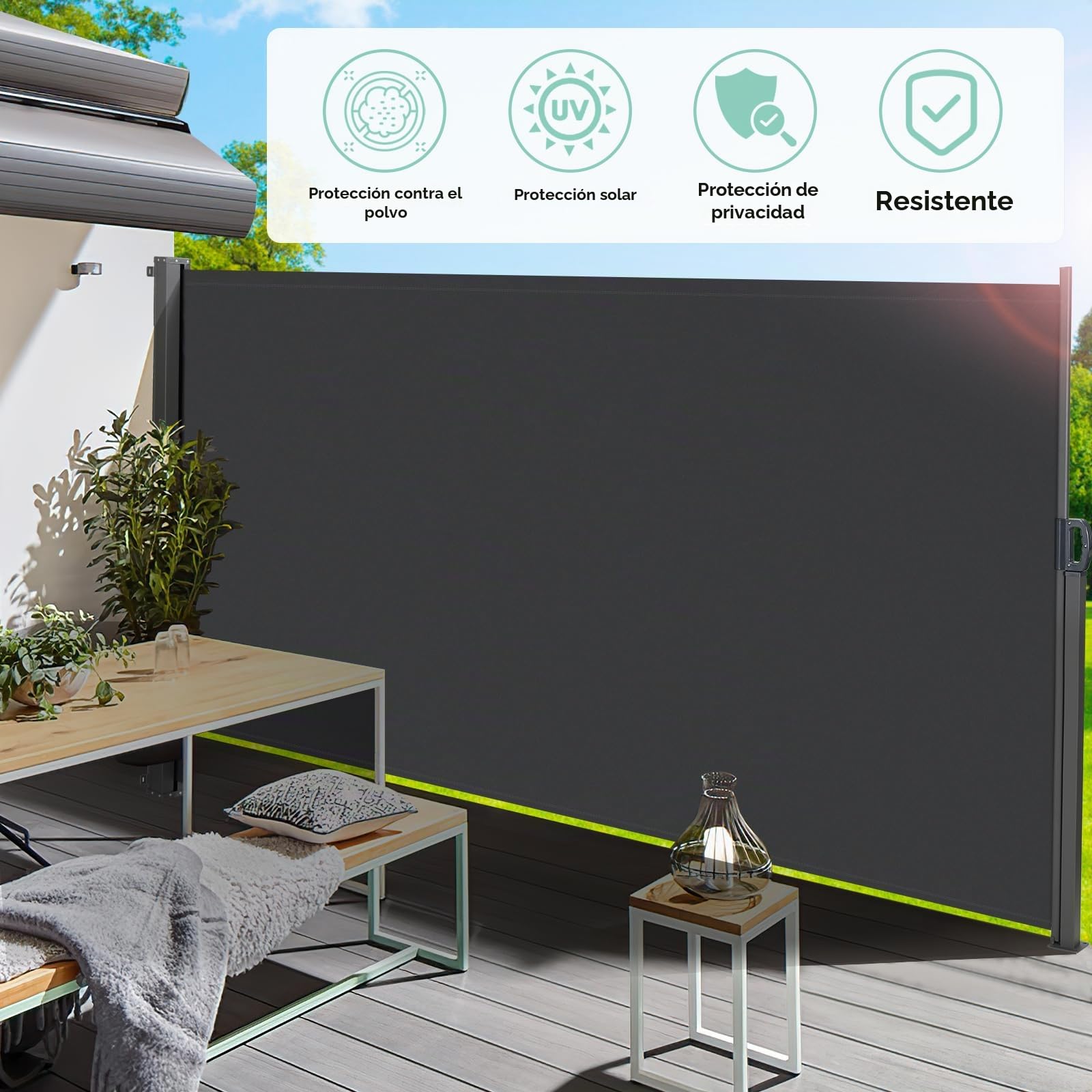 Toldo Lateral Extensible 180 x 400 cm (HxL) - Retractil Exterior con Pantalla Enrollable, Protección Solar, Impermeable, Revestimien PU para Terraza, Gris