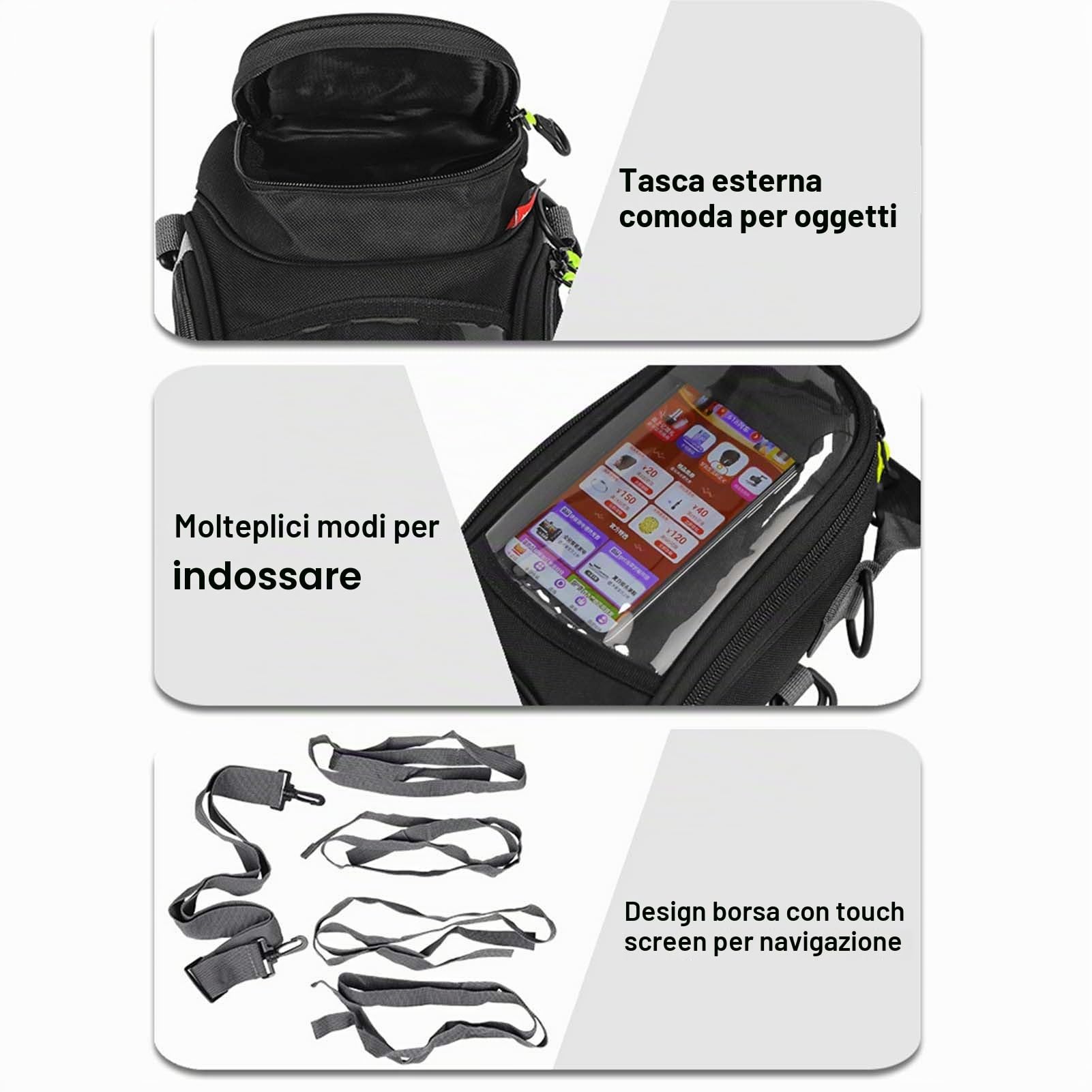 Borsa Magnetica per Serbatoio Moto, Antiscivolo, Nera, Resistente, Adatta per la Maggior Parte delle Moto, Design Touch Screen
