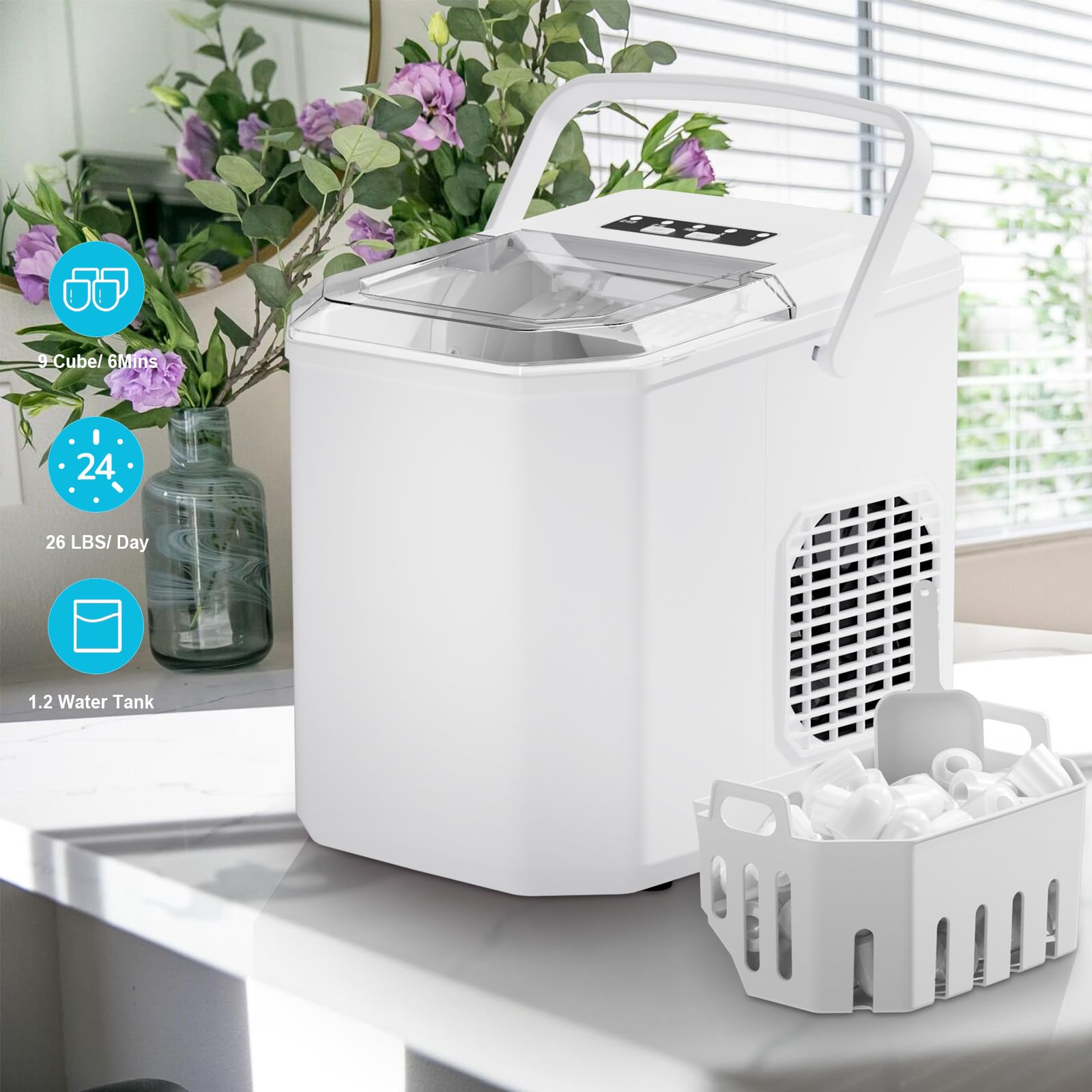 FOOING Mini kostkarka do lodu, przenośna, 15 kg/24 h, kompaktowa, samoczyszcząca, do domu, na blat roboczy, szybki 6-minutowy cykl, biała