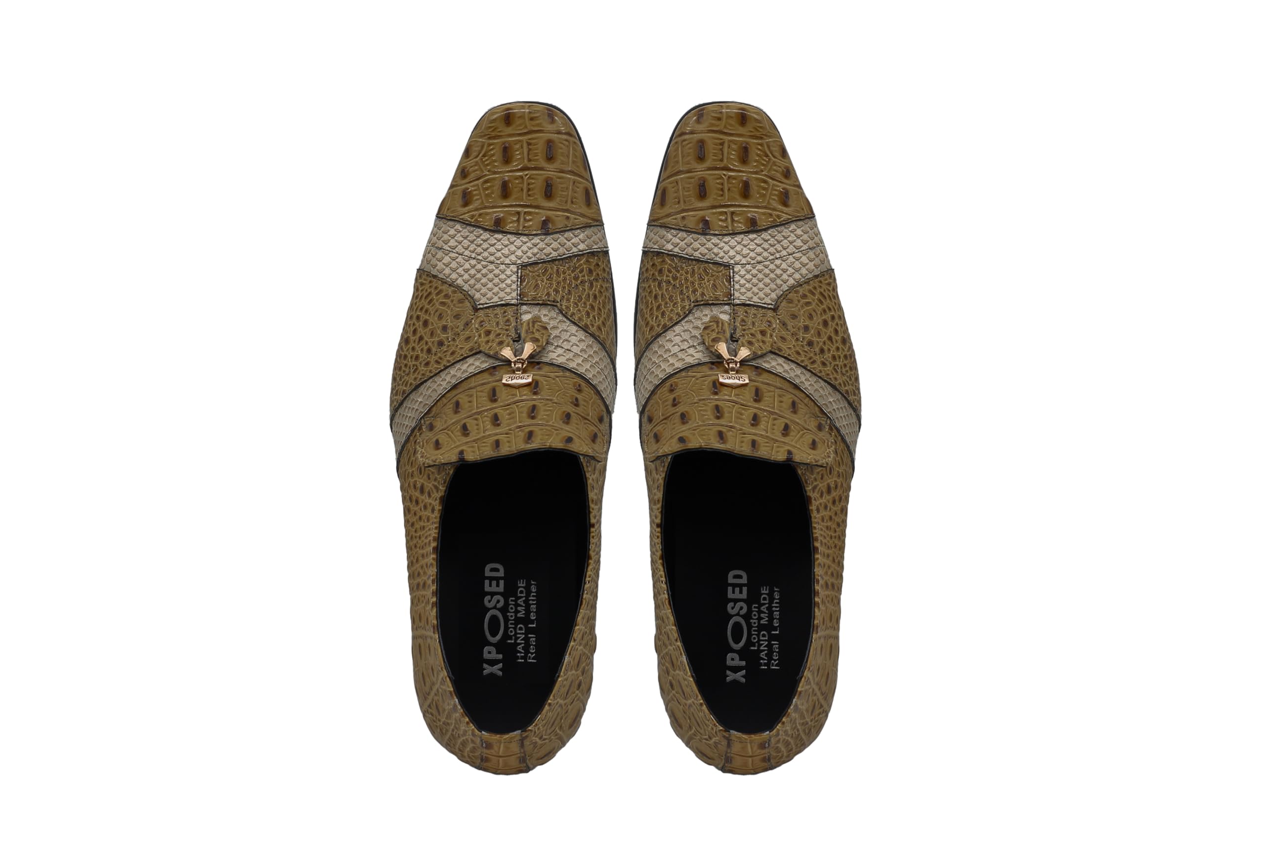 Mocasines con Estampado de Piel de Serpiente Pulida de Cuero auténtico Beige de 2 Tonos para Hombre Zapatos sin Cordones para Vestido de Fiesta