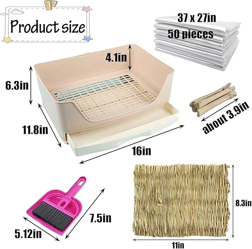 Miniatura 10 de kathson Caja de arena grande para conejo con cajón, inodoro para mascotas, entrenador de orinal para esquina con tapete de césped para conejillos de