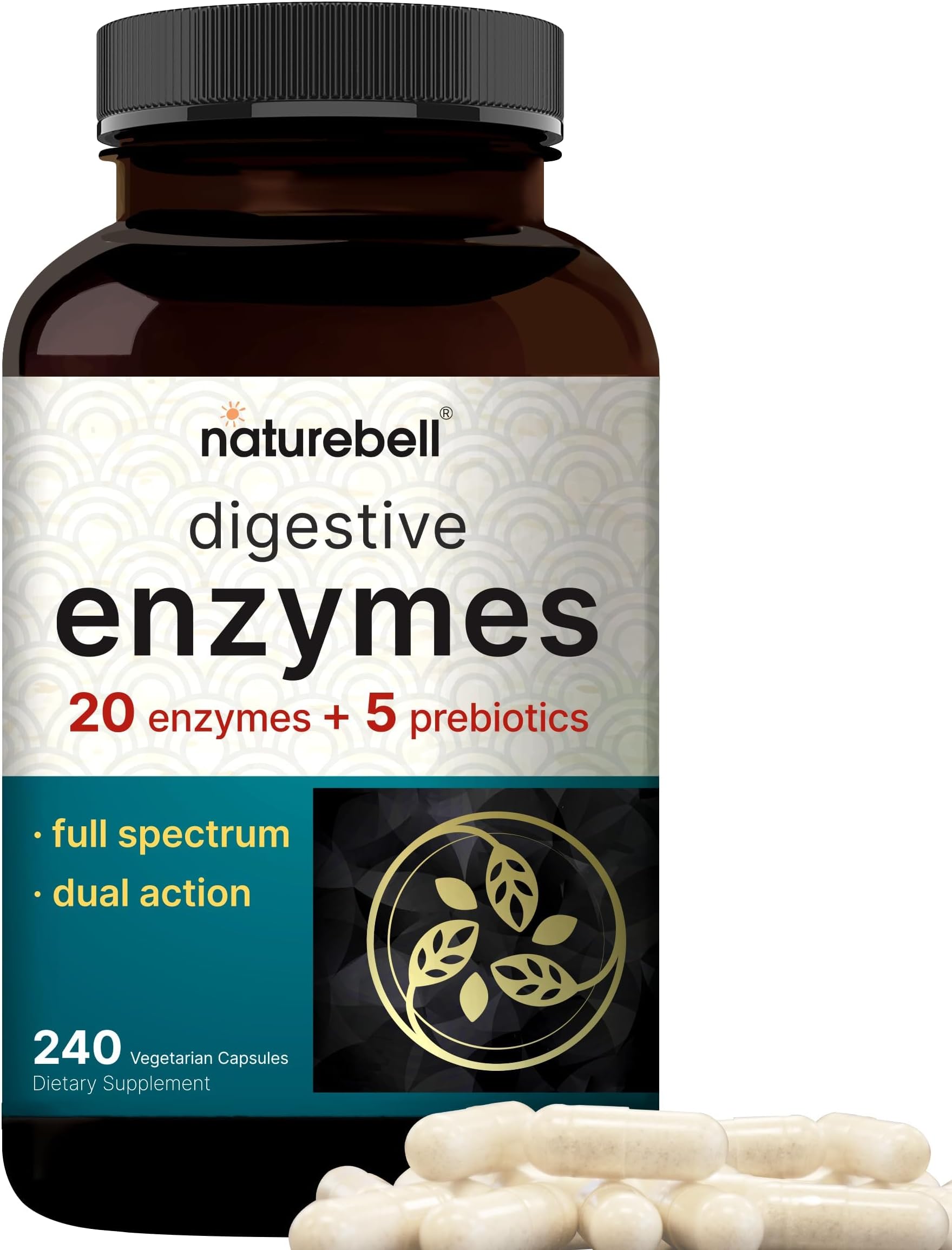 NatureBellDigestive Enzymes with Prebiotics | 240 Veggie Capsules - 20 Enzyme & 5 Prebiotic Pancreatic Enzyme Complex – Bloating Relief for Women & Men, Non-GMO, Vegan Friendly
