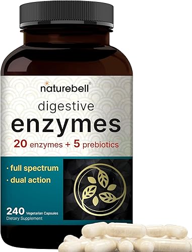 NatureBell Enzimas digestivas con prebióticos 400 mg por porción, 240 cápsulas vegetales  20 enzimas y 5 complejos prebióticos - Apoya la digestión