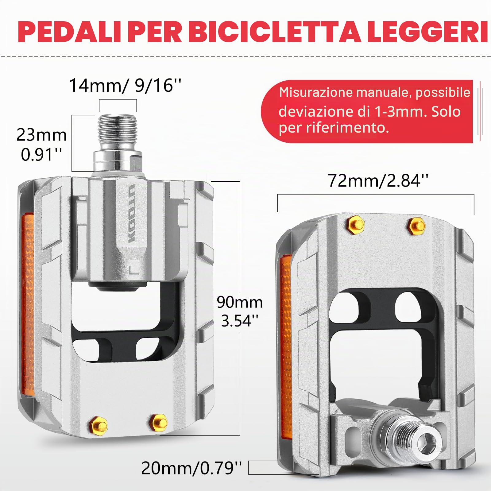 KOOTU Pedali bici con strisce riflettenti, pedale pieghevole universale 9/16 pollici Mountain Bike Pedali, antiscivolo in lega di alluminio Pedali bici per strada BMX MTB Bike