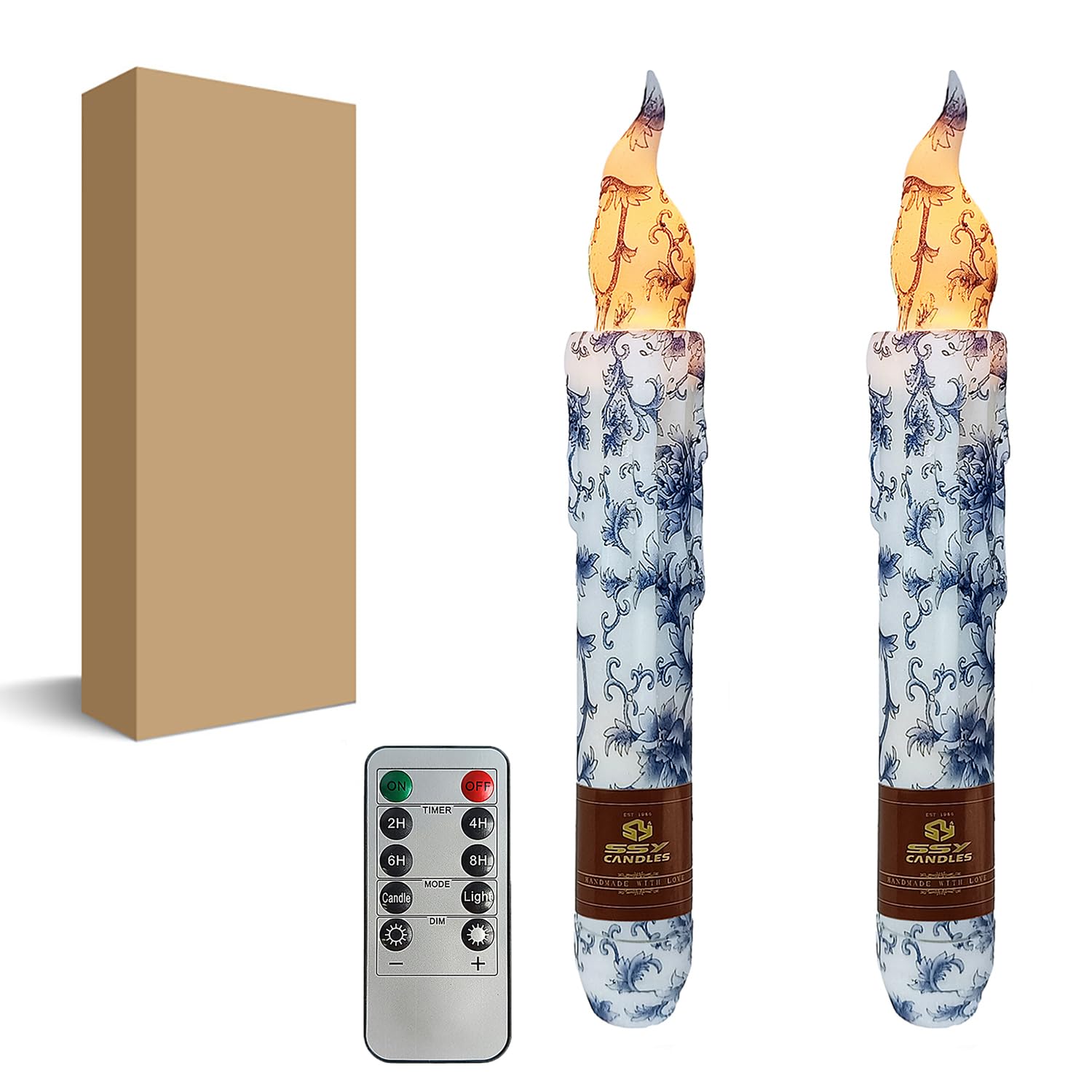 Blue and White Porcelain Flameless Short Taper Candles, Drip LED Battery Operated with Remote, Flickering Flame Lights for Home Décor, 6.7 Inch Primitive Flameless Print Candles, 2PCS
