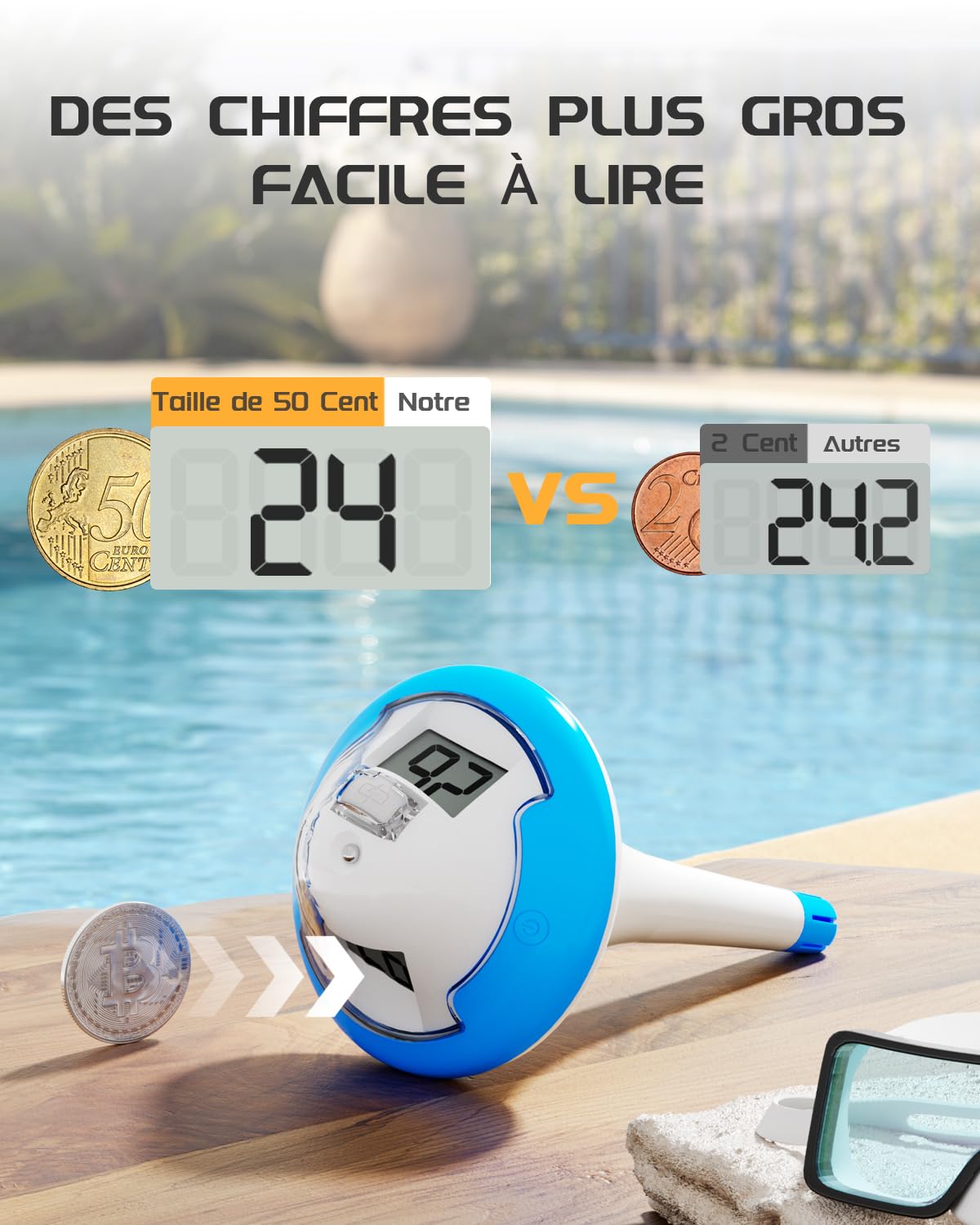 BALDR Termometro da piscina ricaricabile galleggiante con due schermi digitali e grandi cifre per piscina, vasca idromassaggio, sorgente calda, acquario (blu)