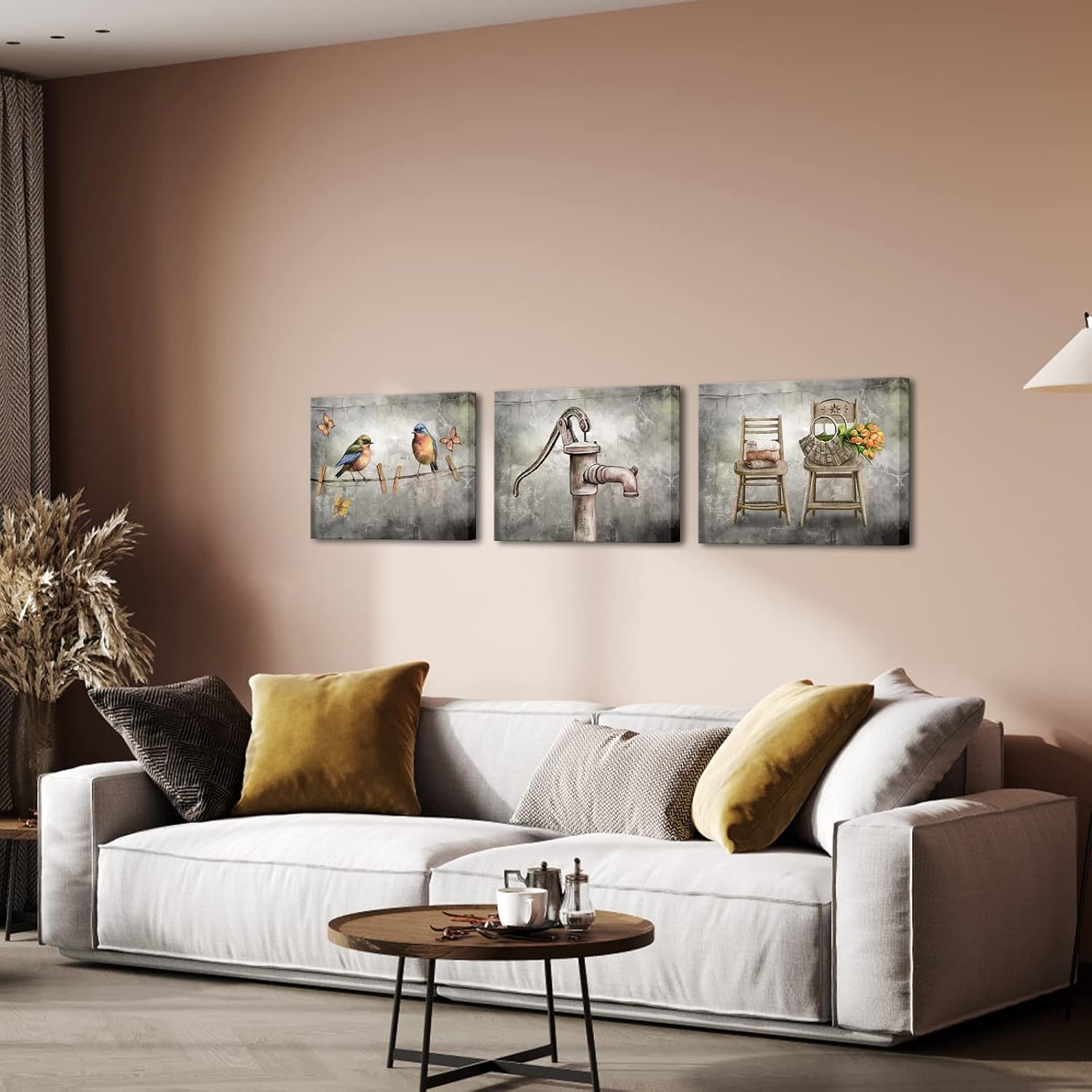 Biuteawal 3 Piece Laundry Room Canvas Wall Art Bird on Clothesline Painting Stopcock Picture Prints Vintage Artwork Home Hotel Farmhouse Washing Room Bathroom Decor Framed Ready to Hang