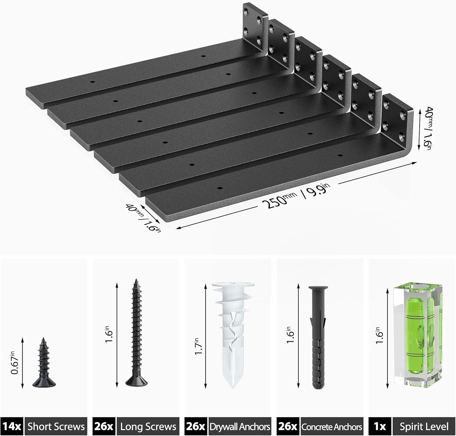 HOZE Heavy Duty Metal Shelf Brackets 10-Inch, Set of 6, Modern Black Matte Finish, 1/5" Thick Steel, Easy-to-Install, Strong Support for Shelves, Versatile & Stylish (10 Inch - 6 Pack)