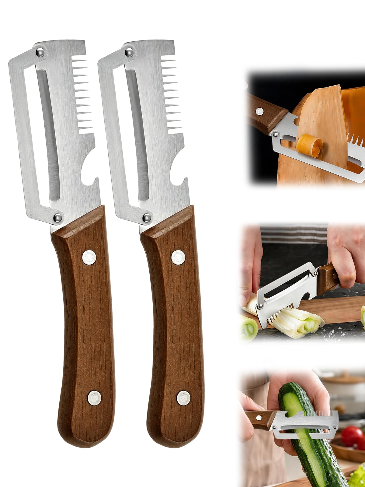 2Pcs Multi Functional Vegetable Peeler for Kitchen,Wooden Handle, Potato Fruit Peeler with Bottle Opener Function, Ultra Sharp and Durable Kitchen Helper, 20cm
