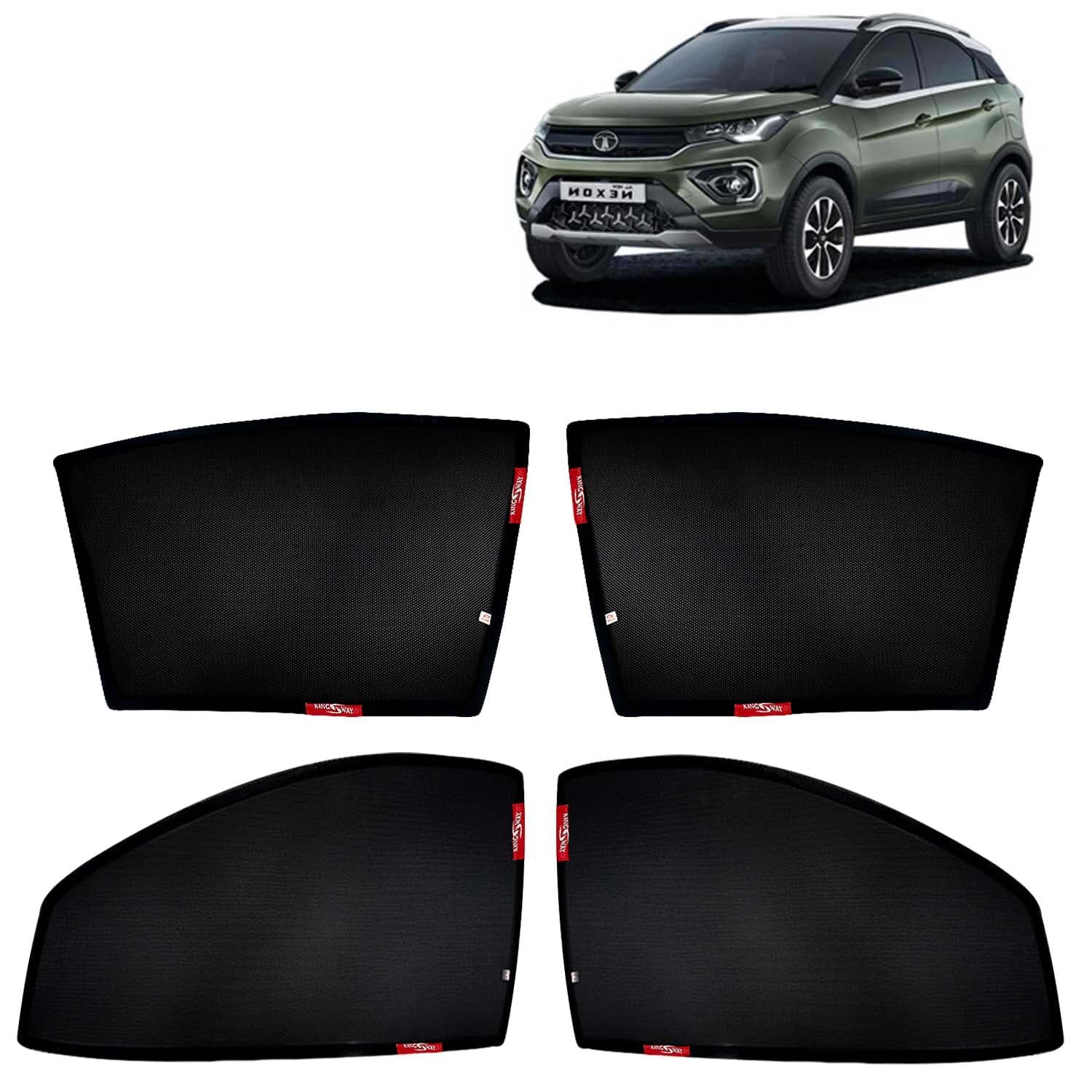 KINGSWAY Accessories Car Sun Shade Z-Black Non Magnetic Fix Type Curtains Only Compatible with Tata Nexon Year 2020 to 2023 All Model, Only Half Cut in Front Window, Car Curtains, Pack of 4 Pcs