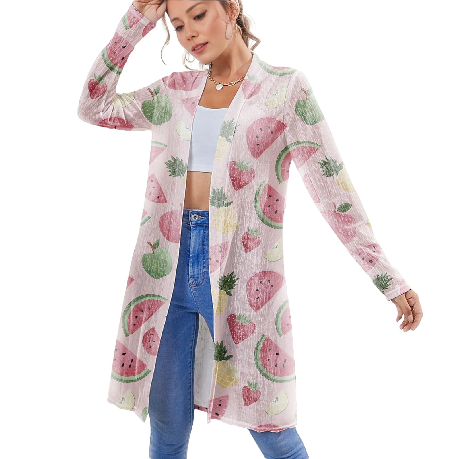 Fashion Womens Cardigan Lightweight Comfy Breathable Mid-Length Long Sleeve Cardigan Vacation Casual Beachwear