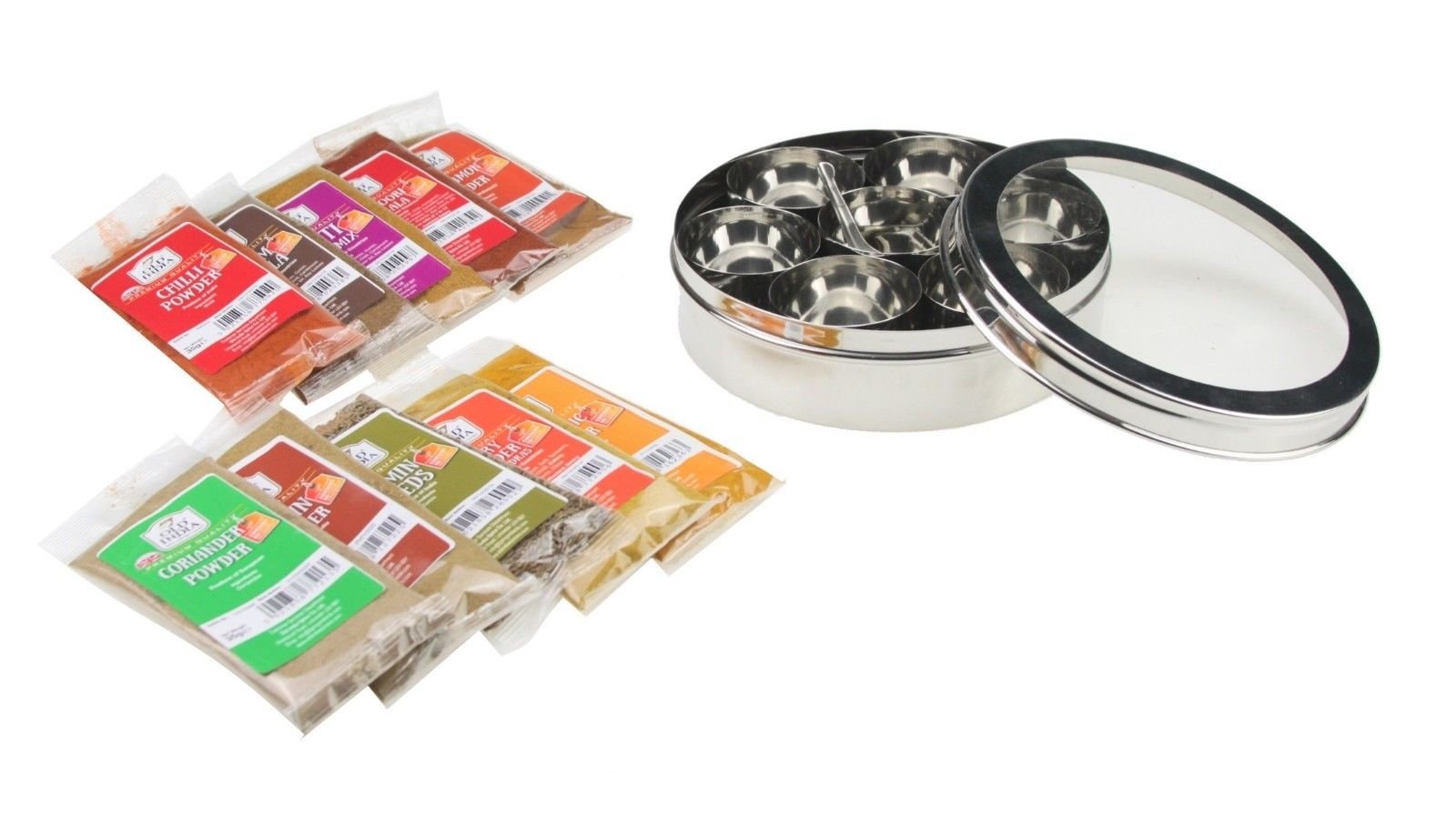 Global Kitchen Authentic Indian Stainless Steel Spice Tin/Masala Dabba with 10 Old India Spice Kit (Full Size Containers & Free Spoon) with See Through Lid (No.14 (24cm x 7cm))