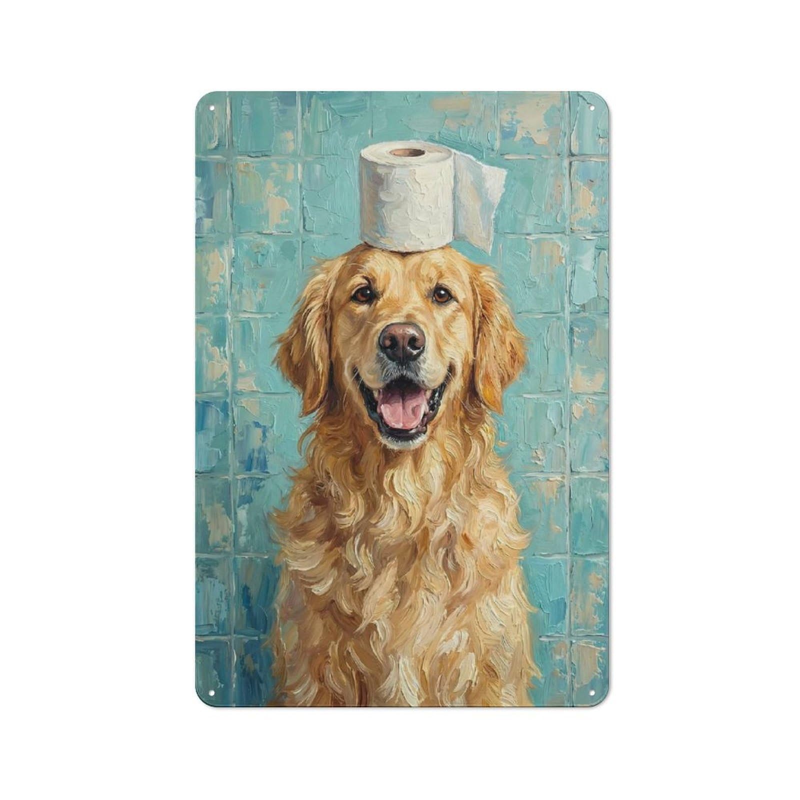 Junmoney Style-1 Tin Wall Plaque 30X20cm With Golden Retriever Toilet Paper For Guest Room Or Hallway, For Garage, Workshop And Man Cave Decoration