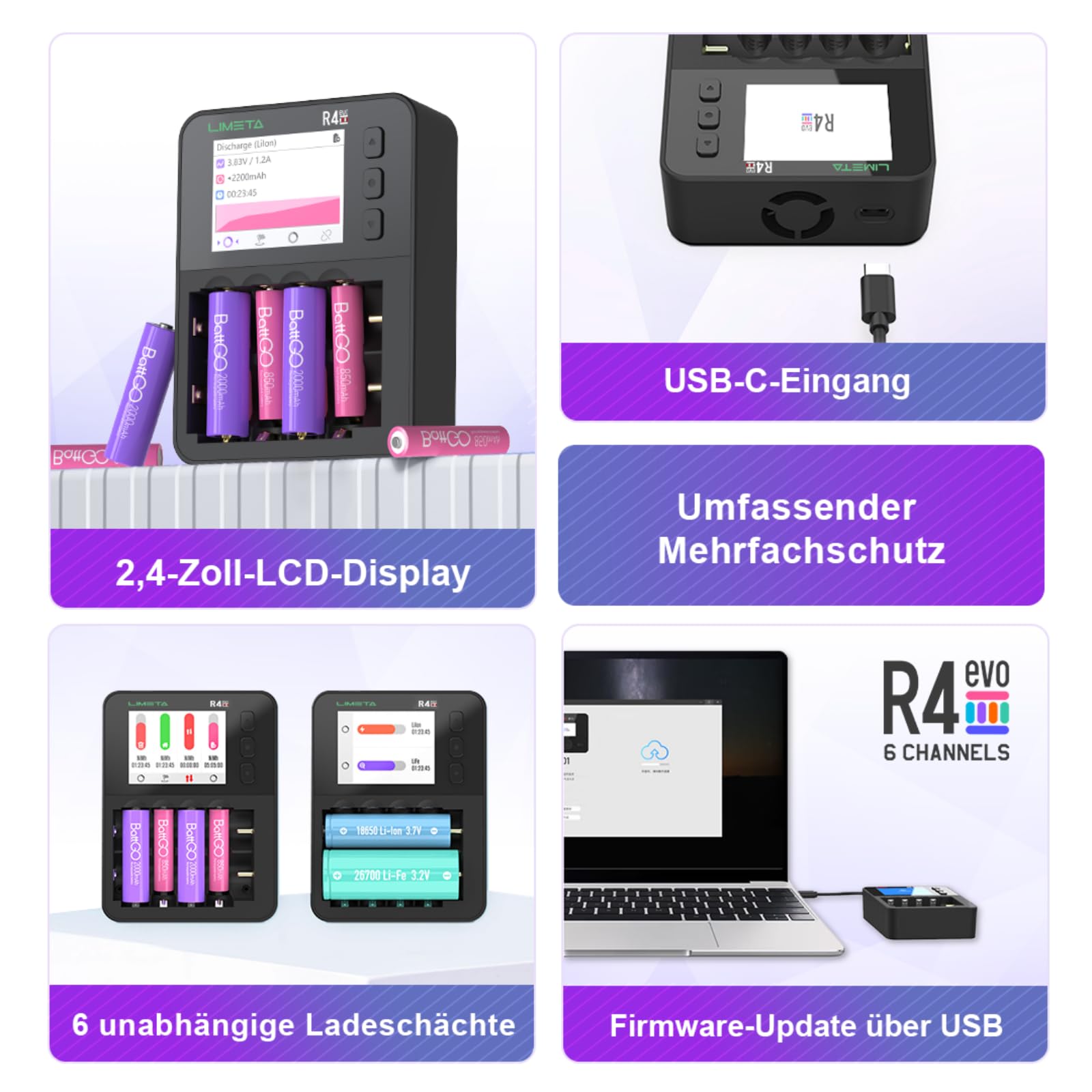 LIMETA R4EVO 18650 Akku-Ladegerät AA AAA NiMH Li-Ionen 6-Fach | 6 unabhängige Ladeschächte, Kapazitätstest, Entladung, Aktivierung, Zyklusmodus, Ladestrom bis 3 A