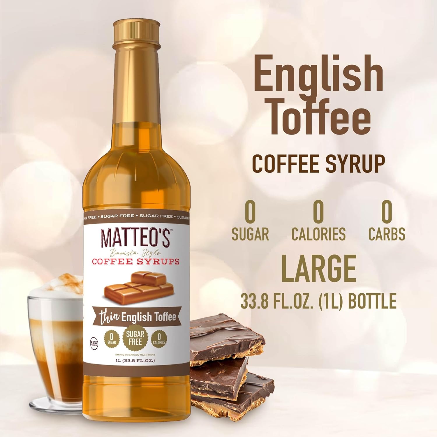 Matteo's English Toffee Syrup for Coffee, Lattes, Cappuccinos & Desserts – Sugar-Free Sweetener for Beverages, Keto Friendly, Zero Calories, Indulgent Flavor, Non-Alcoholic, 33.8oz (6pk)