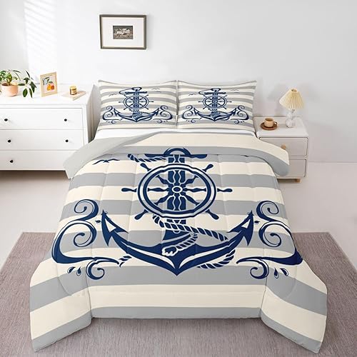 Miniatura 19 de Erosebridal Juego de edredón costero oceánico, juego de edredón de ancla náutica, juego de ropa de cama tamaño individual, juego de ropa de cama con