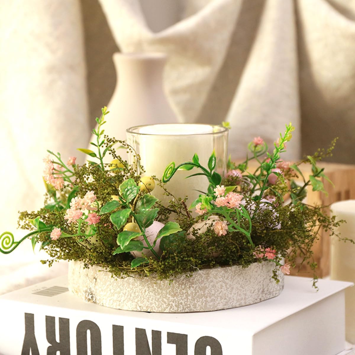1pc 6” Easter Eggs Candle Glass Cups, Spring Artificial Flower Greenery Romantic Votive Tealight Candlestick Holder with Faux Plants Home Coffee Table Decor Centerpiece Indoor Easter Craft Gifts