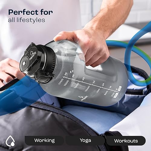 Miniatura 5 de AQUAFIT Botella de agua de 64 onzas con marcador de tiempo, popote 2 en 1 y tapa para beber, botella de agua de medio galón con pajilla, botella de
