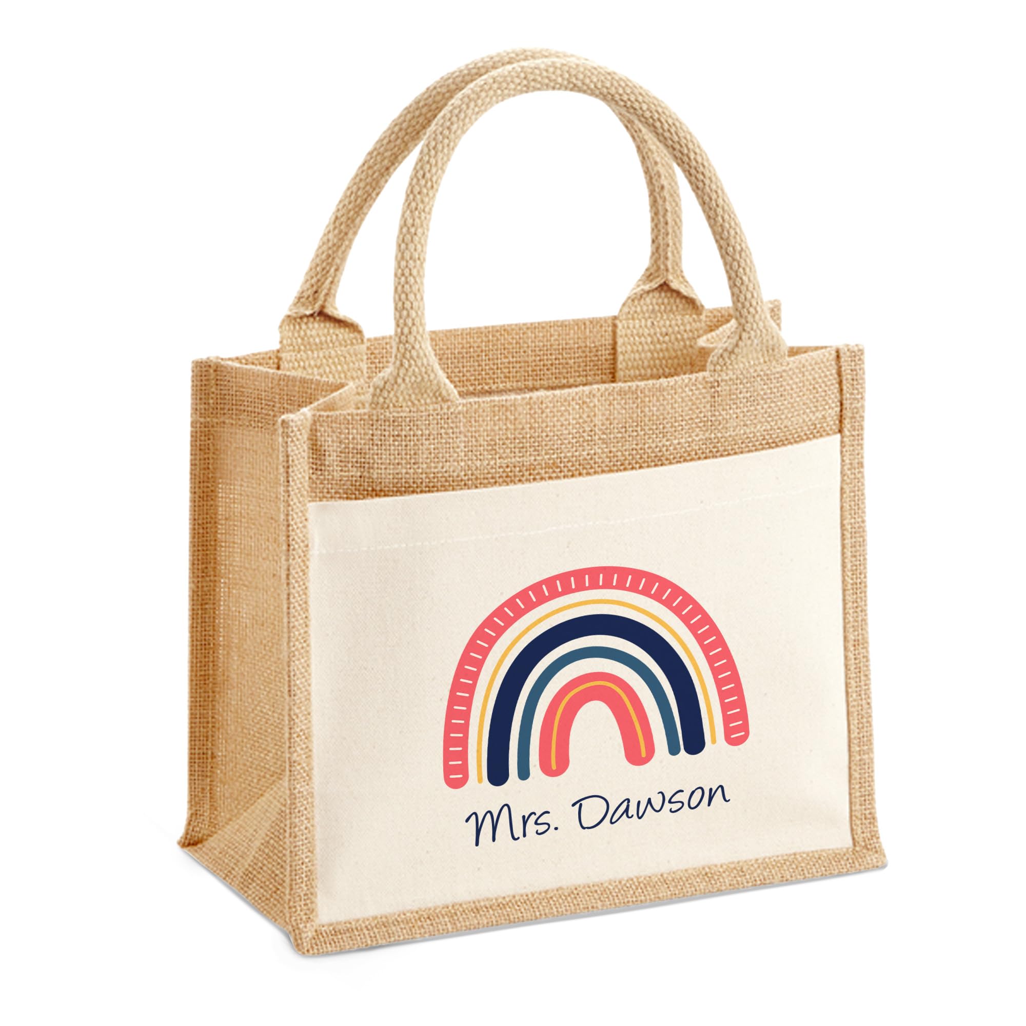 Print Maniacs Custom Teacher Bag With Front Pocket Personalised Name Rainbow Tote Gift For Nursery Teacher Teaching Assistant School Staff Thank You Gift End Of Term Present Reusable Jute Bag