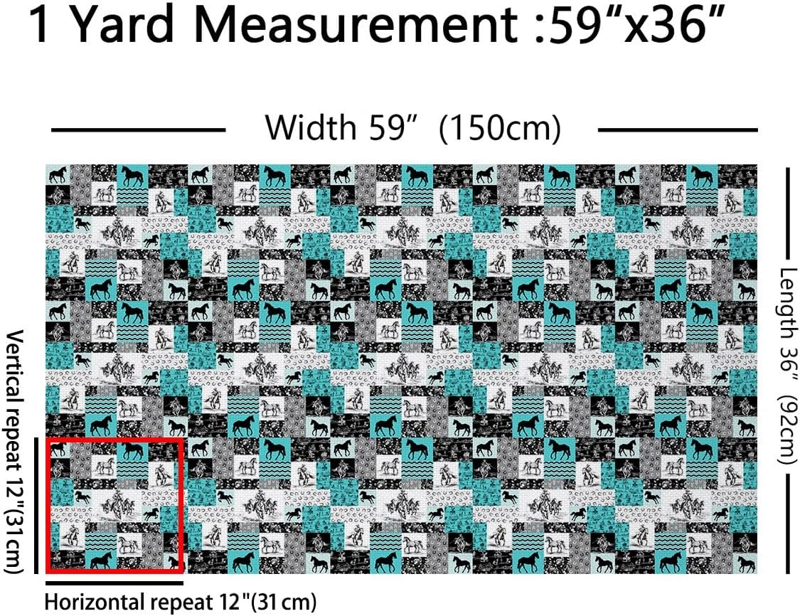 Feelyou Horse Fabric by The Yard 3 Yards Kids Western Horse Decorative Waterproof Outdoor Fabric Cowboy Print Upholstery Fabric for Chairs Farmhouse Plaids Patchwork Black Blue Outdoor Fabric