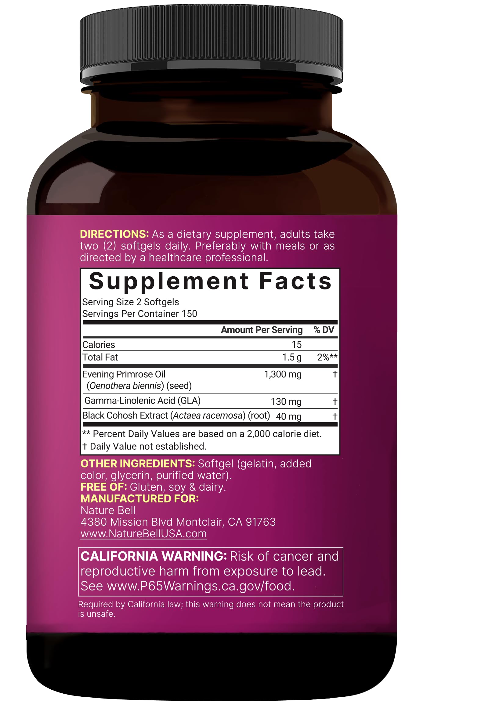 NatureBell Evening Primrose Oil with Black Cohosh, 1,300mg Per Serving, 300 Mini-Softgels | Cold Pressed Seeds, Retains 130mg GLA for Womens Health & Skin Care Support – Hexane Free, Non-GMO — Amazon image 7