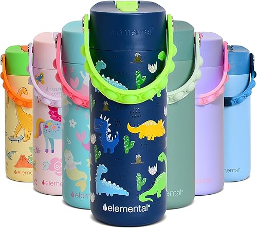 Miniatura 37 de Elemental Botella de agua aislada para niños, botella de agua de acero inoxidable con tapa de popote y asa Pop-it, botellas de agua a prueba de