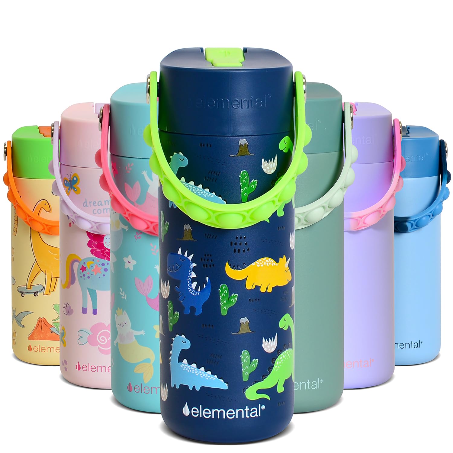 Elemental Insulated Kids Water Bottle, Stainless Steel Water Bottle with Straw Lid & Pop-It Handle, Leak-Proof Water Bottles for School, Boys or Girls, Travelling and Sports, 18oz - Dinosaur