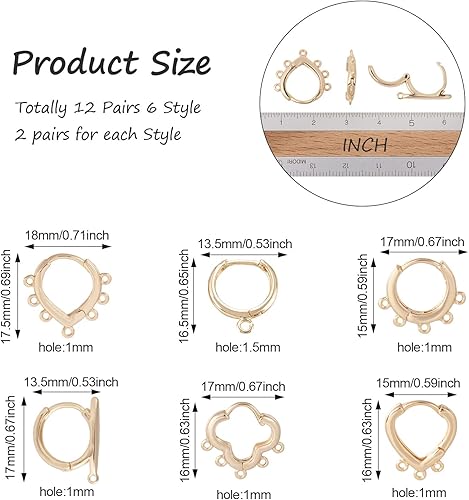 Miniatura 3 de Craftdady Aretes de aro chapados en oro de 14 quilates, 12 pares de aretes de aro de latón con múltiples bucles, círculo, lágrima, flor, palanca,